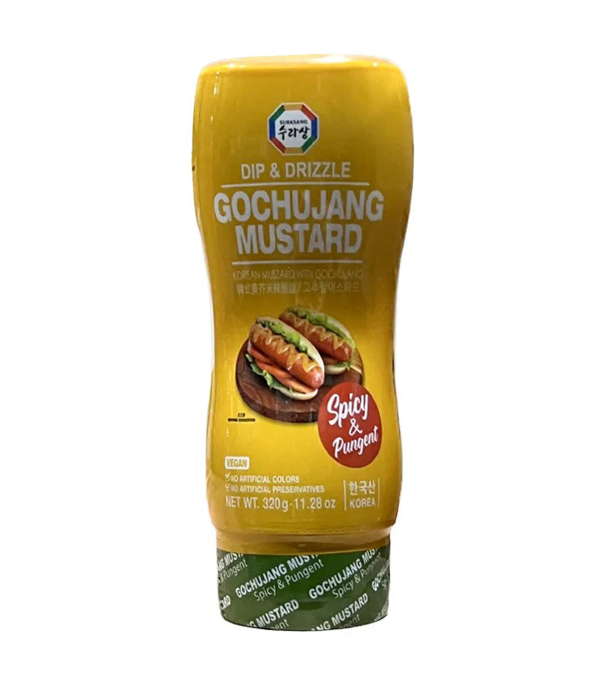 A bottle of Surasang Gochujang Mustard, with branding and text indicating it is a spicy Korean sauce, 320g in size.