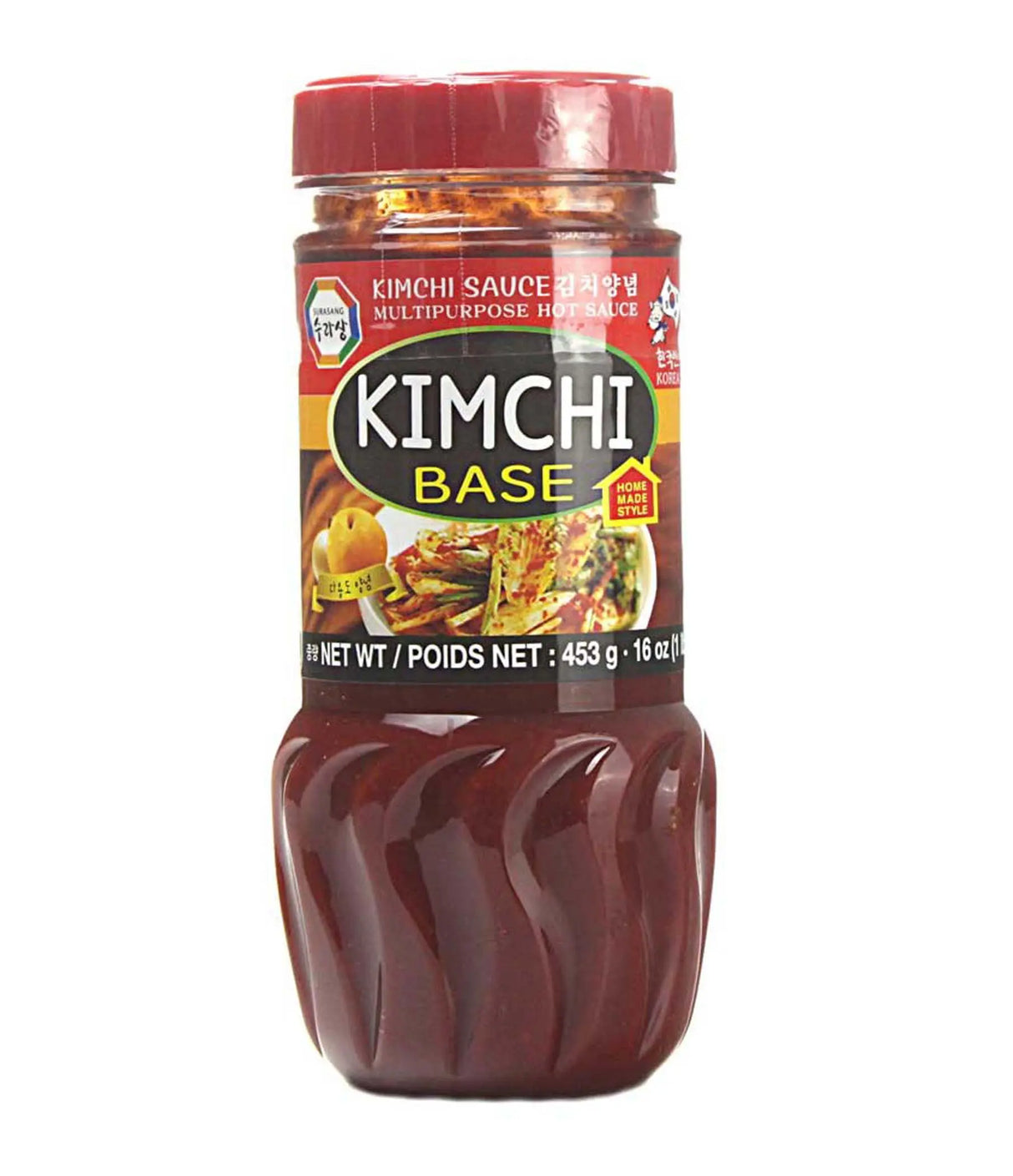 A jar of Surasang Kimchi Base, 453g, with Korean labeling.