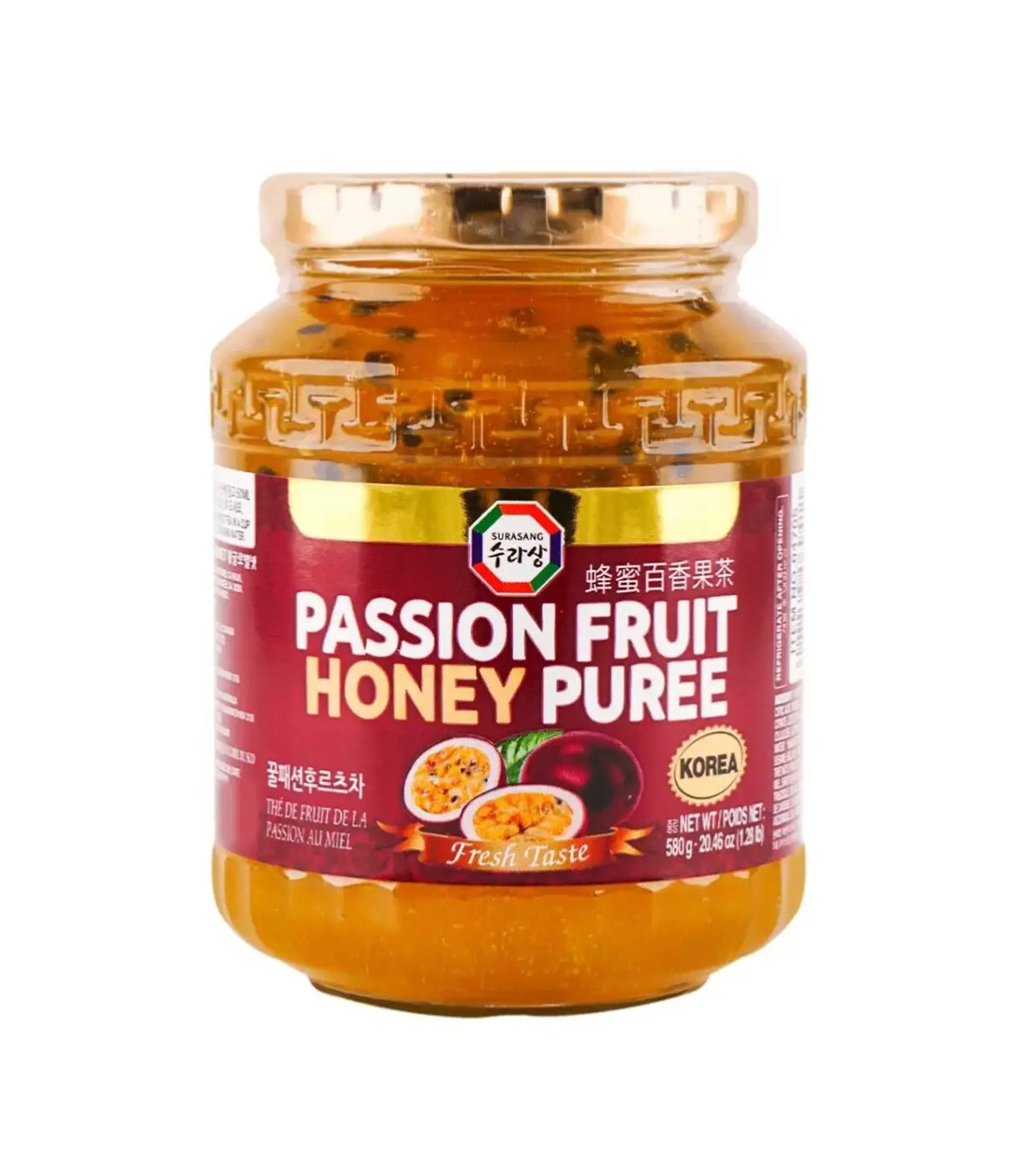 A jar of Surasang Passion Fruit Honey Puree with a label showing the product name and an image of a passion fruit. The jar is sealed and displayed against a white background.