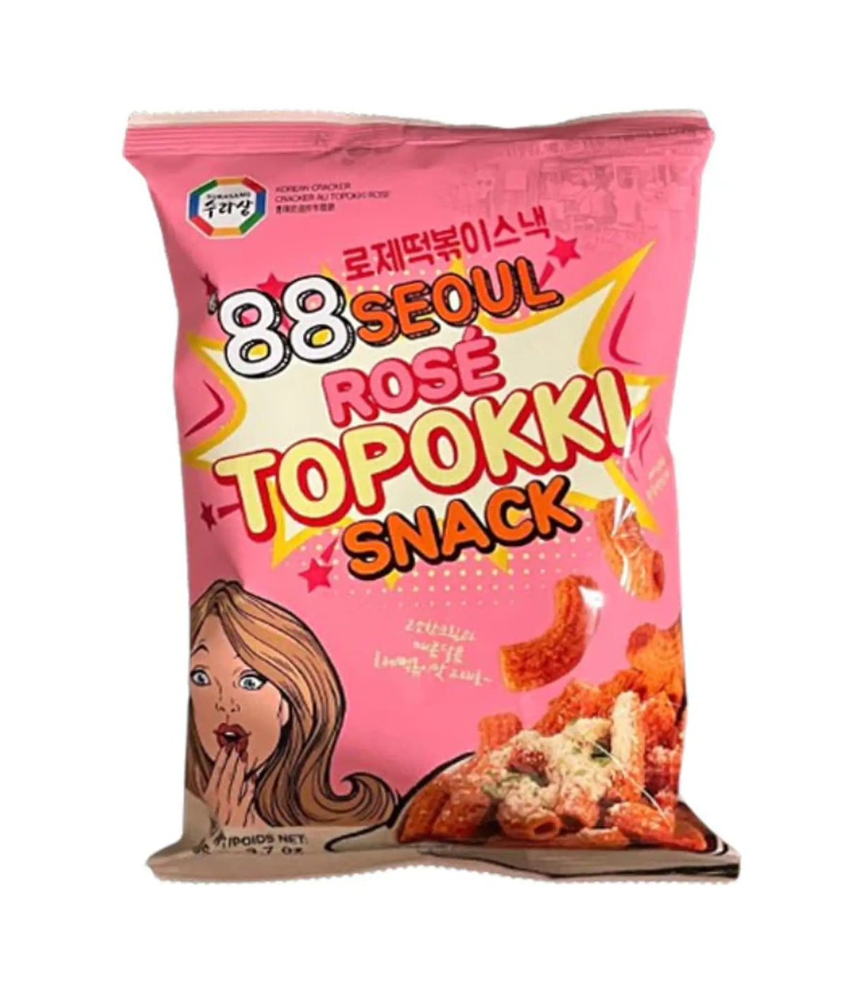 A package of Surasang Rosé Topokki Snack featuring a predominantly pink background with an illustration of a woman and product images, text indicating it is a Korean snack.