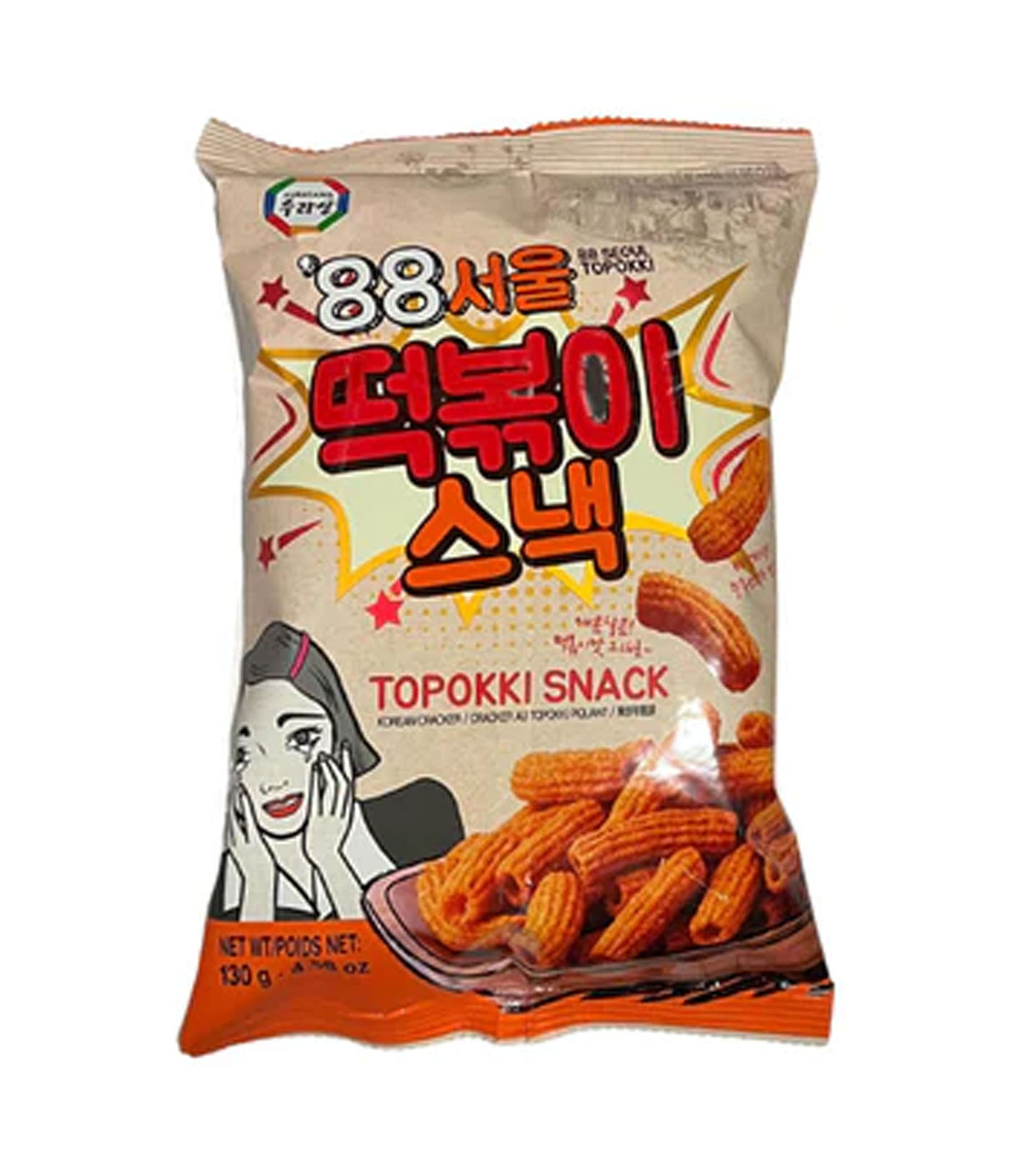 A packaged Topokki snack from Surasang, with Korean text and an illustration of the snack in the foreground.