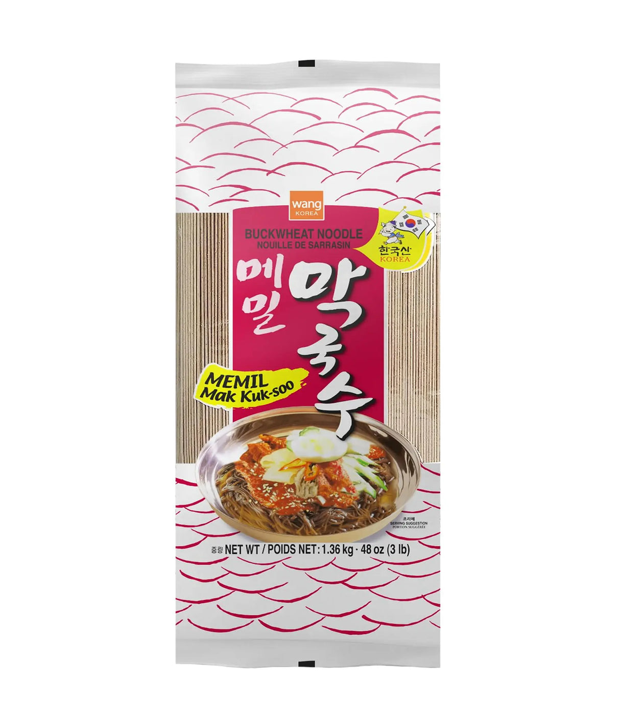 Packaged noodles with a white and red design on a white background
