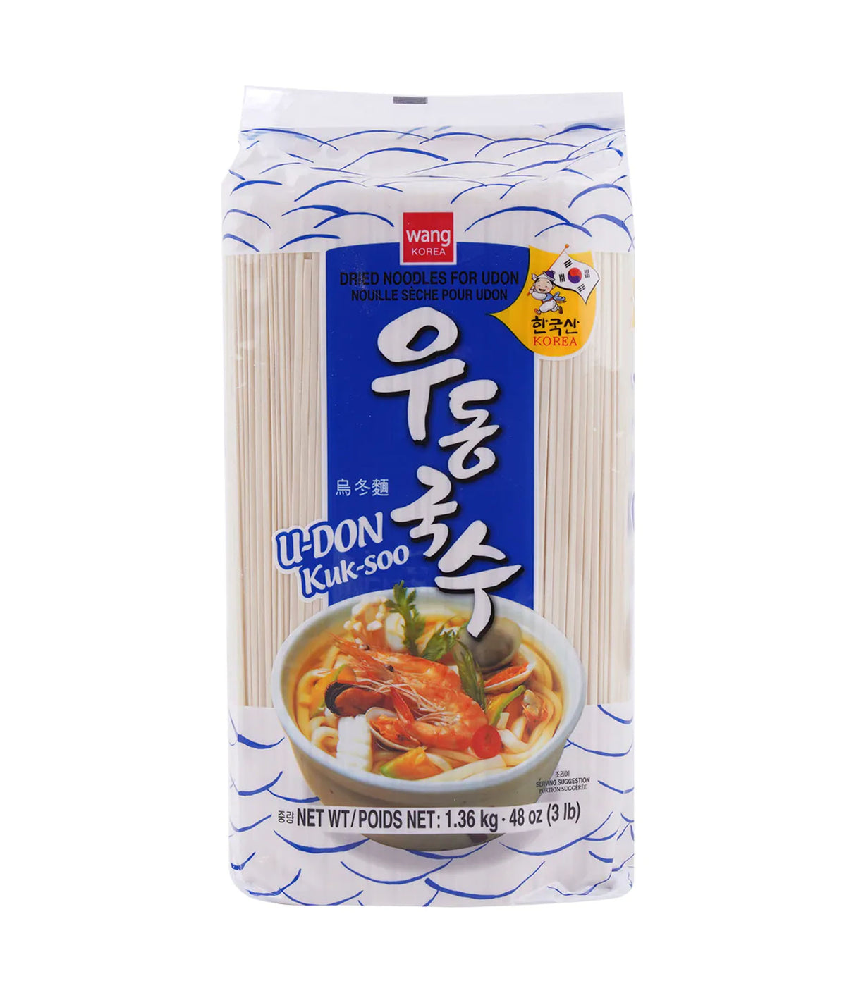 Packaging for Wang brand dried noodles for Udon, showing the product name, weight, and an image of the noodles in a prepared dish.
