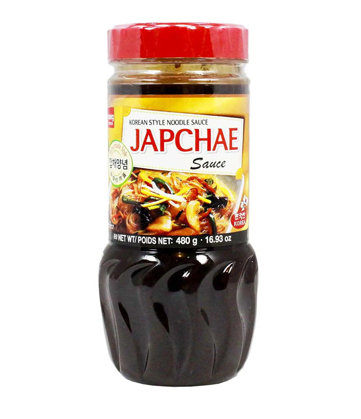 A bottle of Wang Japchae Sauce, with Korean text and branding visible, against a white background.