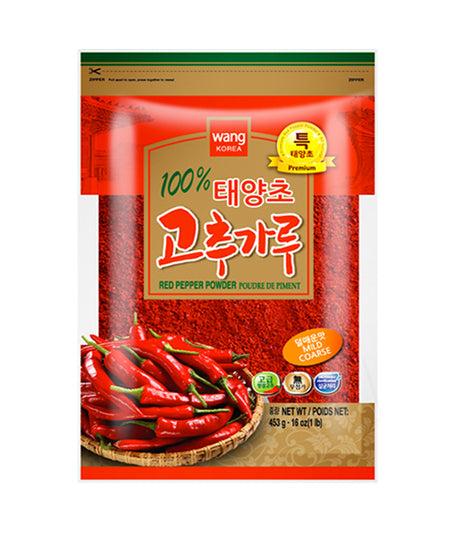 Packaging of Wang Red Pepper Powder (Coarse) featuring a red and yellow label with an image of red peppers and text, against a white background.
