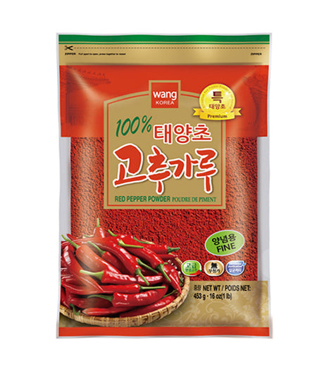 Packaging of Wang Red Pepper Powder featuring a picture of red peppers and text including the product name and weight.