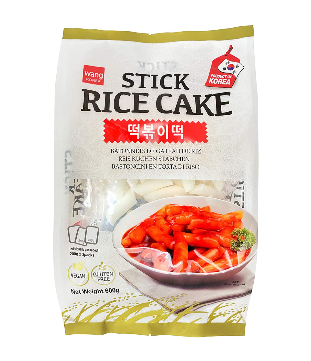 Packaging for Wang Stick Rice Cake showing the product name, weight of 600g, and an image of the rice cake in a spicy sauce.