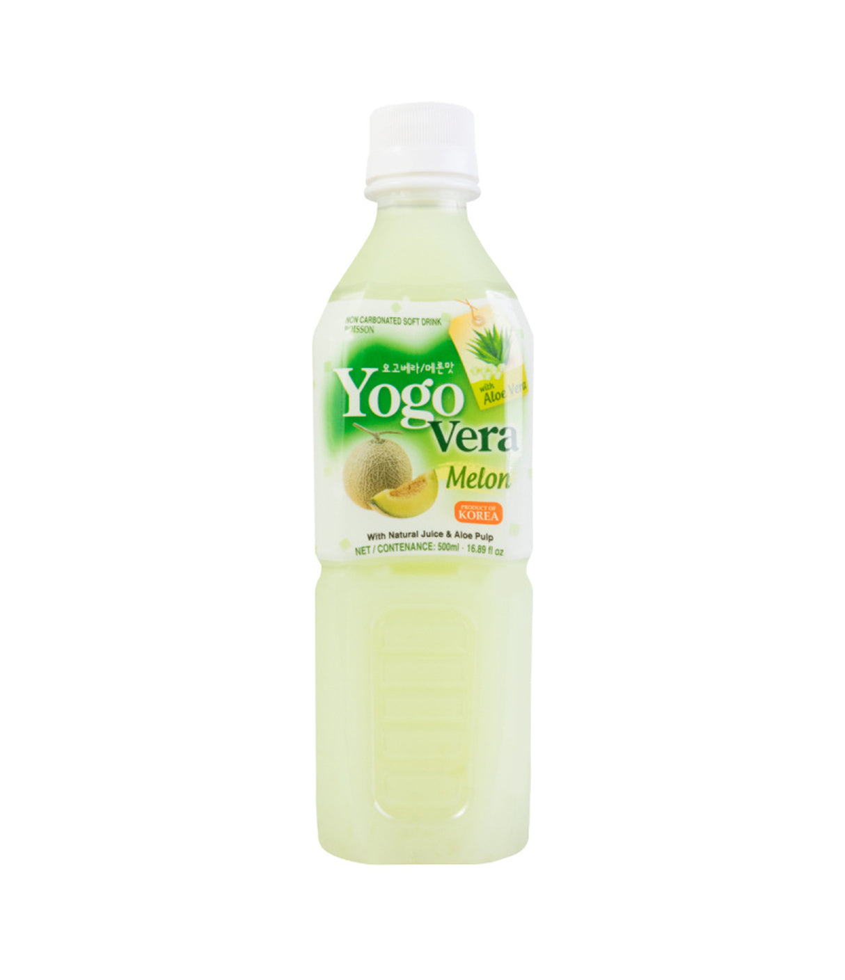 A bottle of Wang Yogo Vera Drink with melon flavor, 500ml, with green and white labeling.