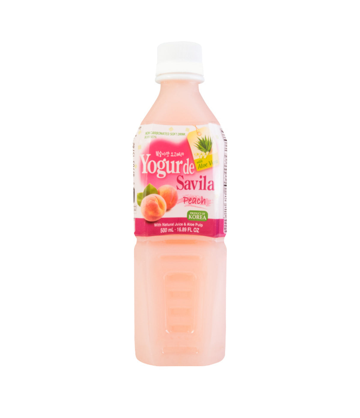 A bottle of Wang - Yogo Vera Drink with peach flavor, 500ml, with labeling that includes a peach image and text indicating it is a product of Korea.