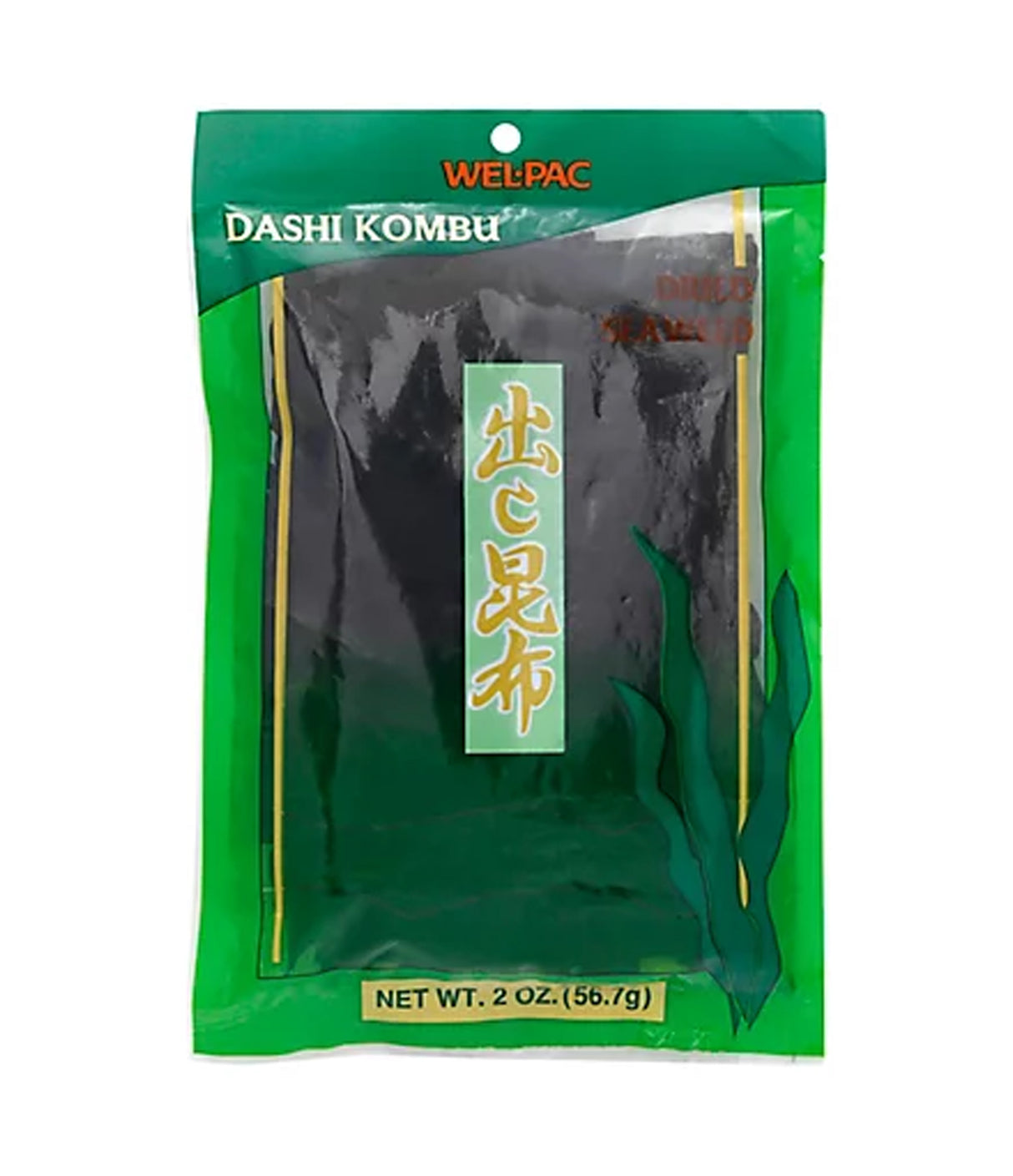 Packaging of Wel-Pac Dashi Kombu seaweed, predominantly green with product visible through the transparent window.