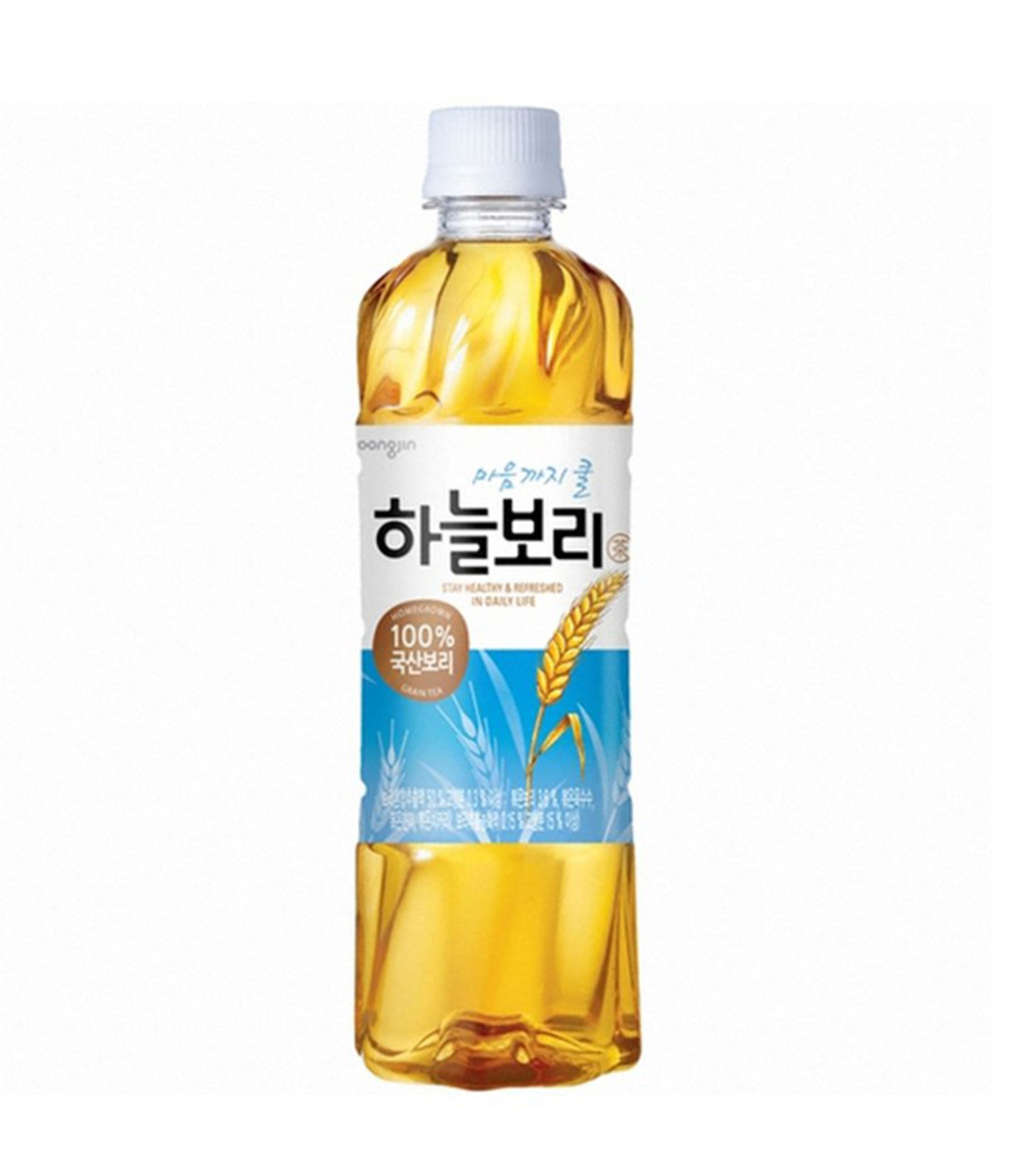 A bottle of Woongjin Barley Tea, 500ml, with a label primarily in blue and yellow colors, indicating it is a product of Korea.