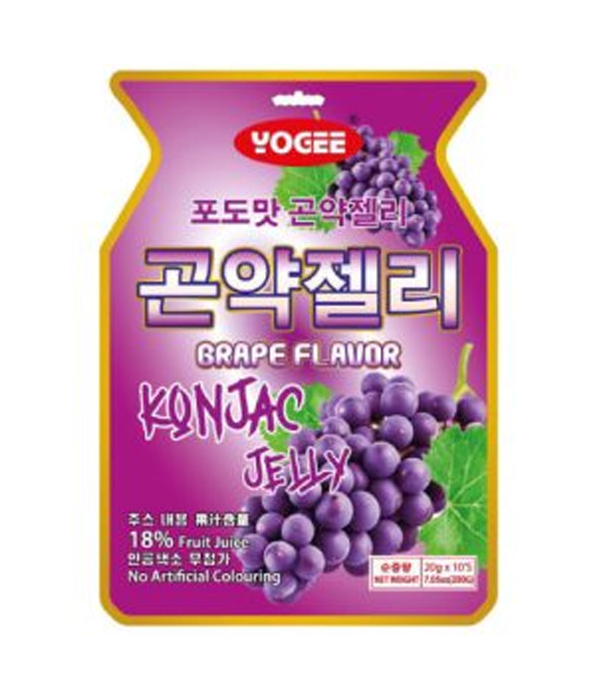 Packaging of Yogee Konjac Jelly with Grape Flavor, showing the brand logo, product name, and images of grapes. The package is predominantly purple and white.