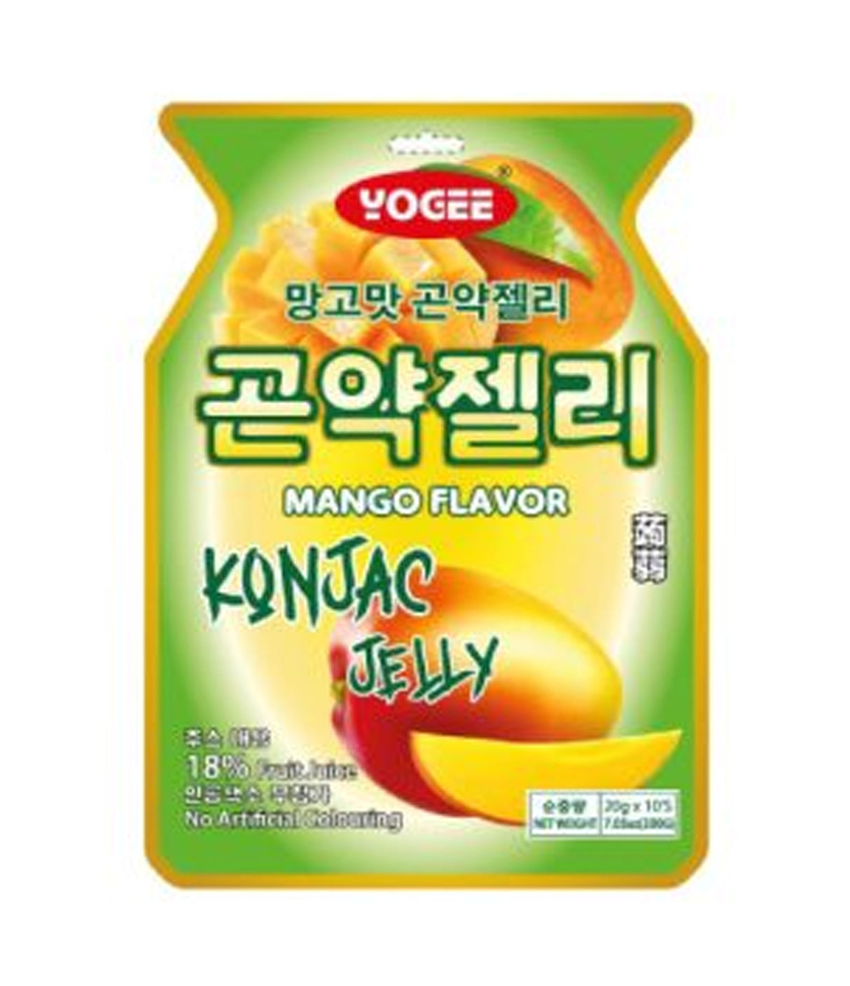 Packaging of Yogee Konjac Jelly with Mango Flavor, showing the product name, weight, and mango images.