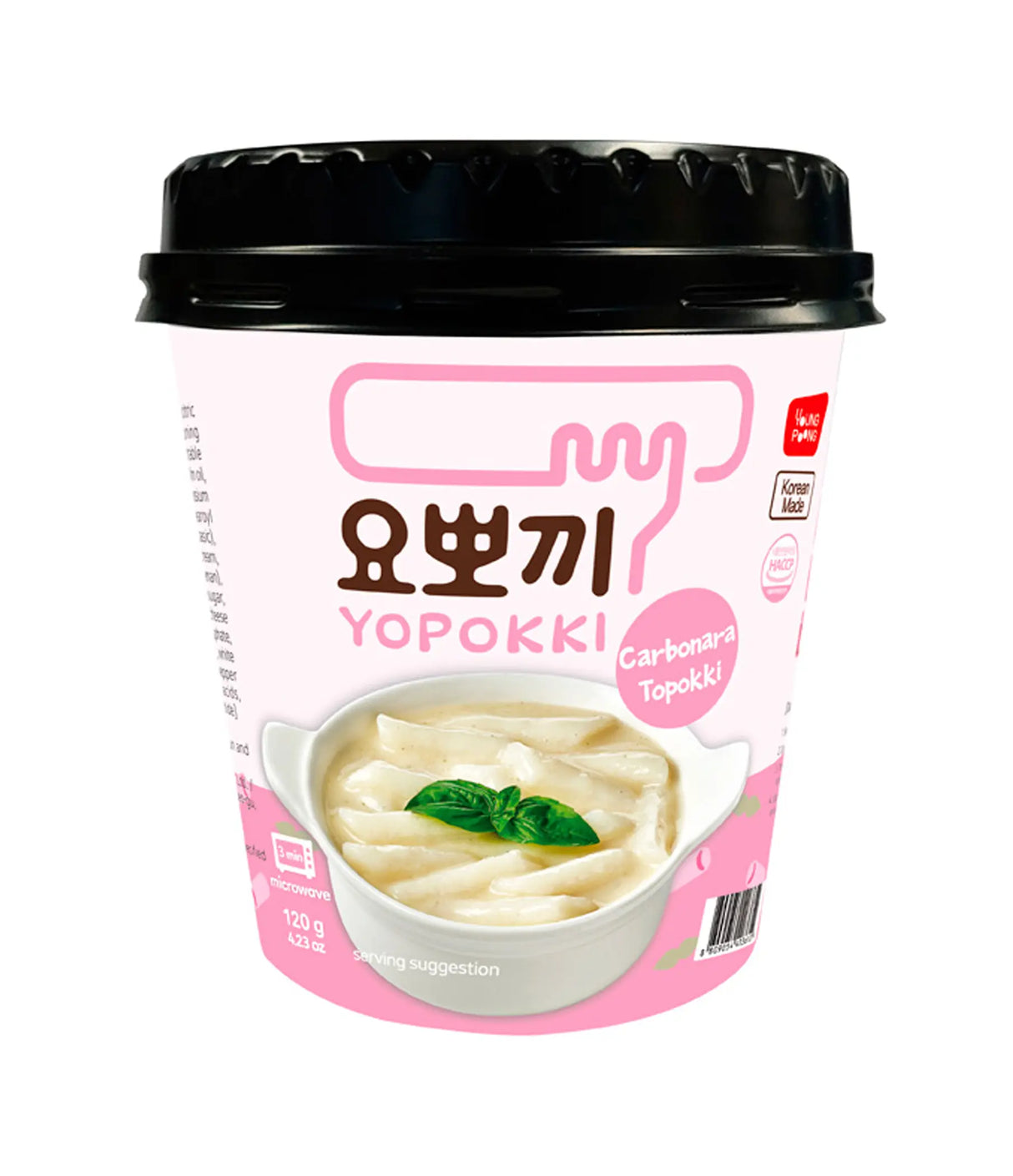 Yopokki instant noodles packaging with pink and white design on a white background