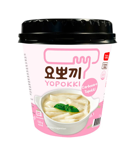 Yopokki instant noodles packaging with pink and white design on a white background