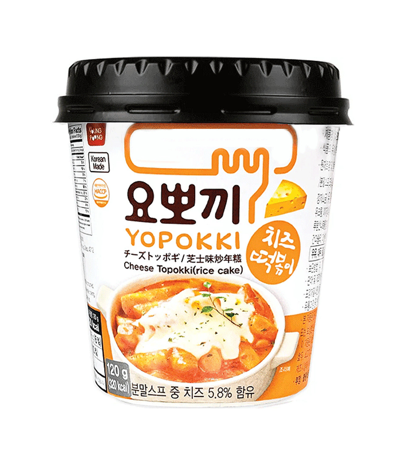 A cup of Young Poong Yopokki Cheese Topokki instant noodle, with packaging displaying the product name and an image of the noodles with cheese.