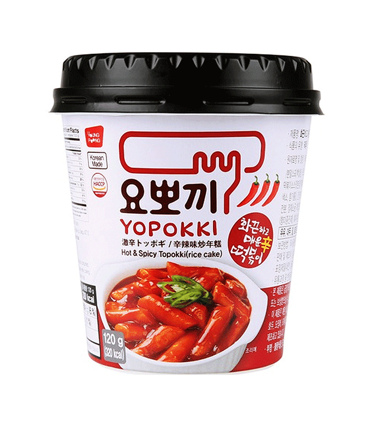 A cup of Young Poong Yopokki Hot & Spicy Topokki, showing the product packaging with Korean text and an image of the spicy noodles on the front.