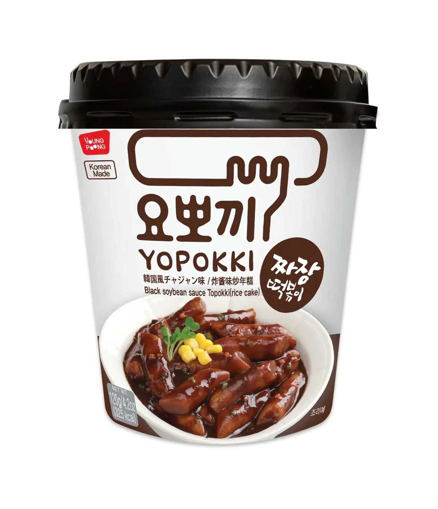Packaging of Young Poong Yopokki Jjajang Topokki showing the product name, a picture of the noodles with sauce, and the weight of 120g.