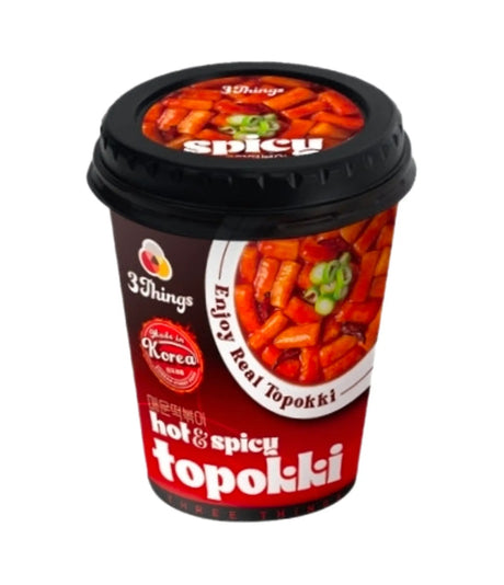 Container of hot and spicy topokki with branding on a white background