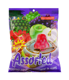 A package of ABC Assorted Jelly featuring images of various fruits and the product itself visible through a clear window, with a purple background.
