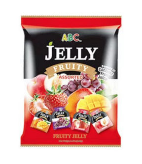 A package of ABC brand assorted fruity jelly snacks, showing images of different fruit flavors such as strawberry, mango, and kiwi.