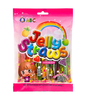 A package of ABC brand Jelly Straws, showing the product name and various colorful jelly candies with fruit flavors. The package has a colorful design with graphics and text.