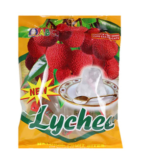 Packaging of ABC Lychee Jelly featuring images of lychees and the product visible through a transparent window, with vibrant yellow and green colors on the package.
