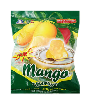 A package of ABC Mango Jelly featuring an image of mangoes and the product name, against a green and white background.