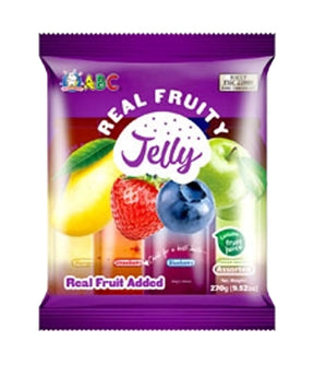 Pack of Real Fruity Jelly with colorful design on a white background
