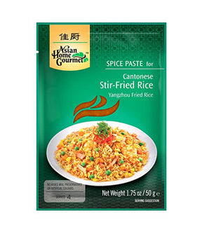 Packaging of Asian Home Gourmet Spice Paste for Cantonese Stir-Fried Rice, showing the product name, weight of 50g, and an image of the prepared dish.