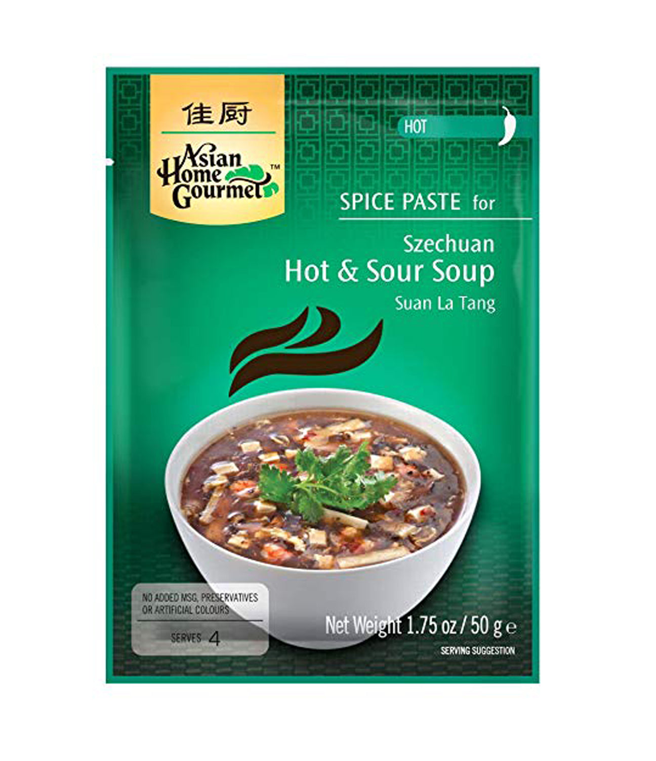 Packaging for Asian Home Gourmet Spice Paste for Szechuan Hot & Sour Soup, showing the product name, weight of 50g, and an image of the soup with vegetables and chili.