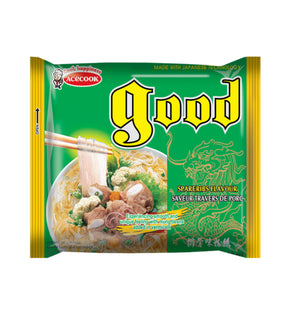 Packaging for Acecook Instant Mung Bean Vermicelli with Spareribs Flavour. The package is predominantly green with an image of the noodles and spare ribs on the front.