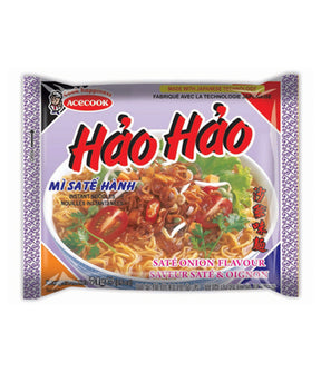 Package of Acecook Instant Noodles Hao Hao with Sate Onion Flavour, showing the product name, image of the noodles, and additional graphics.