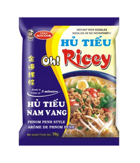 Packaging of Acecook Oh! Ricey Instant Rice Noodles featuring product information and an image of the noodles with vegetables.