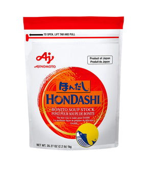 A package of Ajinomoto HonDashi Bonito Soup Stock, 1kg, with product labels in Japanese and English, indicating it is a product of Japan.