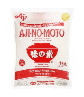 A package of Ajinomoto Monosodium Glutamate weighing 1kg, with product branding and information in English and Vietnamese.