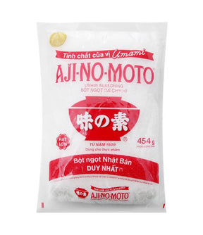 A package of Ajinomoto Monosodium Glutamate weighing 454g, with product branding and information in English and Vietnamese.