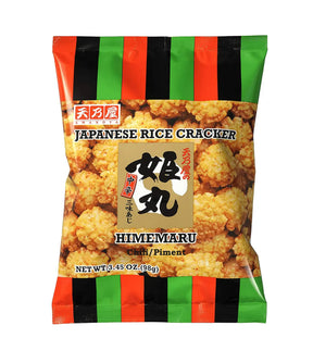 Packaging of Japanese rice crackers with colorful design on a white background