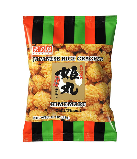 Packaging of Japanese rice crackers with colorful design on a white background