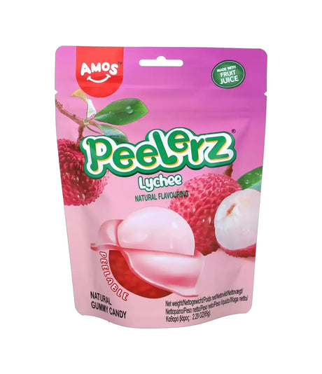 Package of Amos Peelerz Lychee gummy candy on a white background