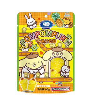 Pompompurin 4D fruit juice candy package with cartoon characters on a white background