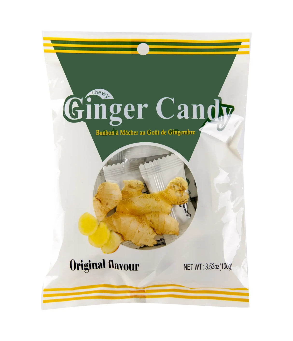 A 125g bag of Clews Ginger Candy, Original Flavour, featuring a white and dark green package with yellow accents and an image of ginger root.