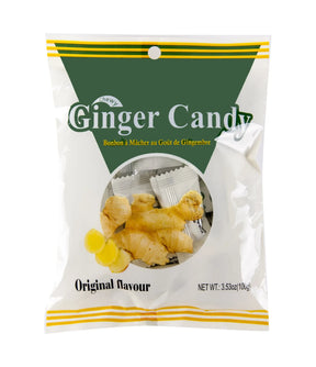 A 125g bag of Clews Ginger Candy, Original Flavour, featuring a white and dark green package with yellow accents and an image of ginger root.