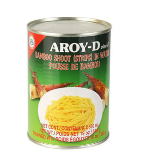 A can of Aroy-D Bamboo Shoot (Strips) in Water, showing the product name and an image of bamboo shoots and water chestnuts.