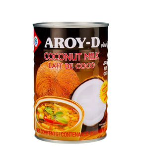 A can of Aroy-D Coconut Milk, 400ml, with an image of a coconut and a bowl of curry on the label, indicating it is a product of Thailand.