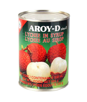 A can of Aroy-D Lychee in Syrup, showing lychees on the label, with a red and green color scheme.