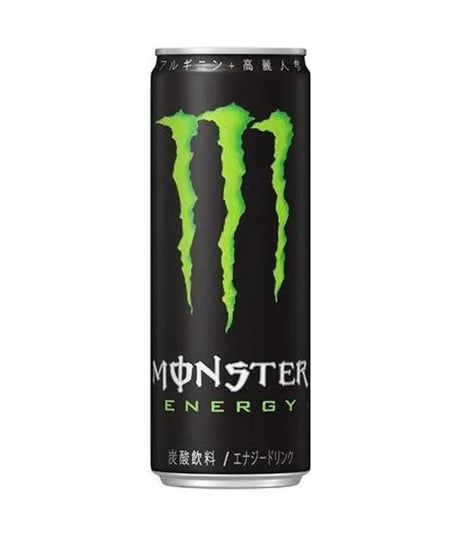 A single can of Monster Energy drink on a plain white background. The can is black with the iconic green claw logo and white and green text.