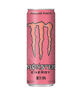 A single can of Monster Energy drink in the 'Pipeline Punch' flavor, featuring its signature pink can with the orange claw logo and black text, set against a plain white background.