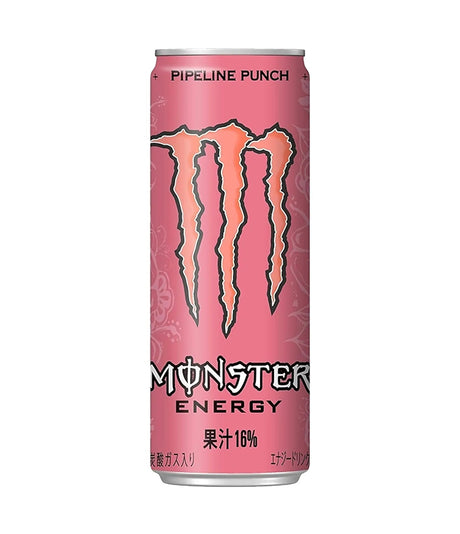 A single can of Monster Energy drink in the 'Pipeline Punch' flavor, featuring its signature pink can with the orange claw logo and black text, set against a plain white background.
