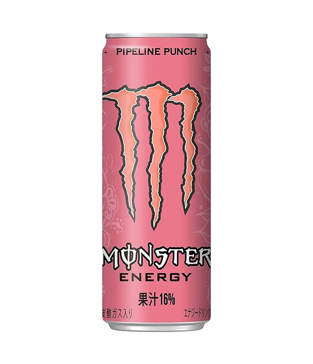 A single can of Monster Energy drink in the 'Pipeline Punch' flavor, featuring its signature pink can with the orange claw logo and black text, set against a plain white background.